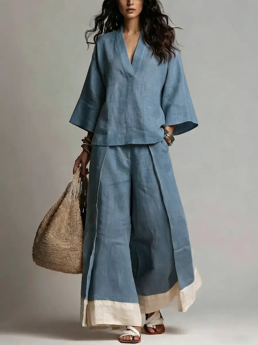 夏の女性用Vネックコットンリネンセット、フレンチエレガントカ - Linen Pant Wide のレビューと価格