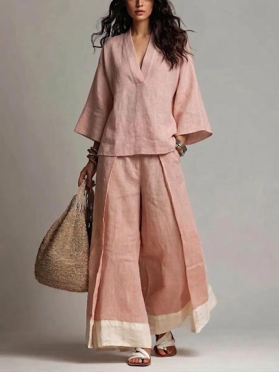 夏の女性用Vネックコットンリネンセット、フレンチエレガントカ - Linen Pant Wide のレビューと価格