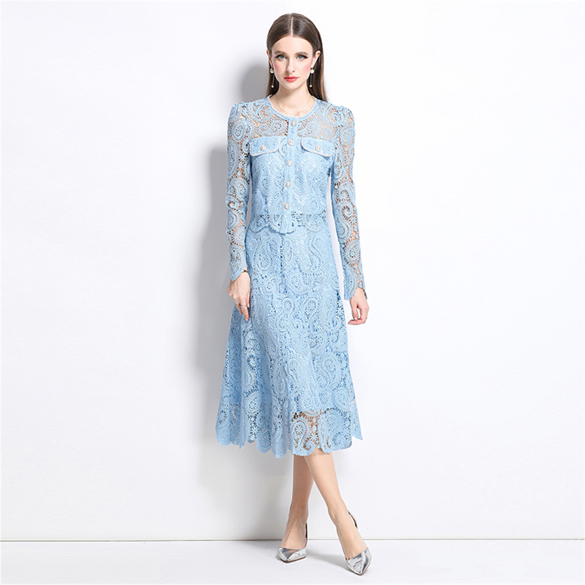 春の甘いレースフラワー刺繍ツーピースセット女性ロングパフスリ - Midi Skirt Floral のレビューと価格