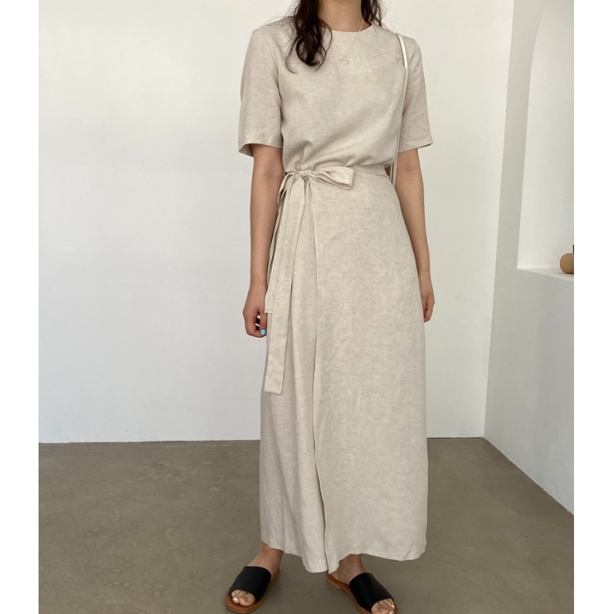 エレガントなコットンリネンラップドレス、ベルト付き、半袖、カ - Linen Dress Wrap のレビューと価格