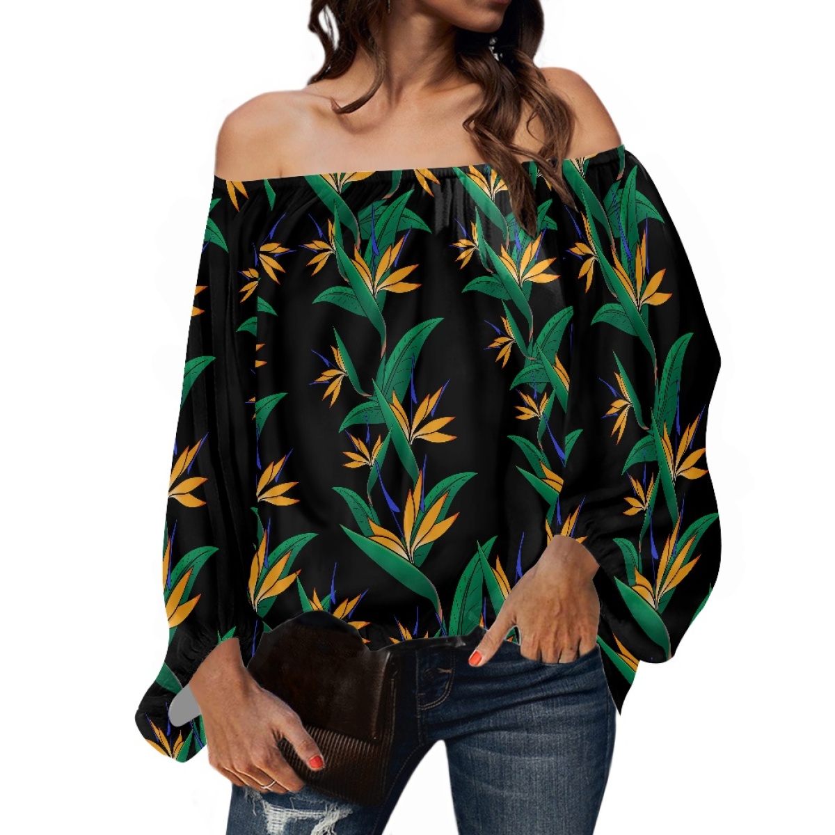 ポリネシア部族服 サモアタパ トンガプリント ロングパフスリ - Blouse Off Shoulder のレビューと価格
