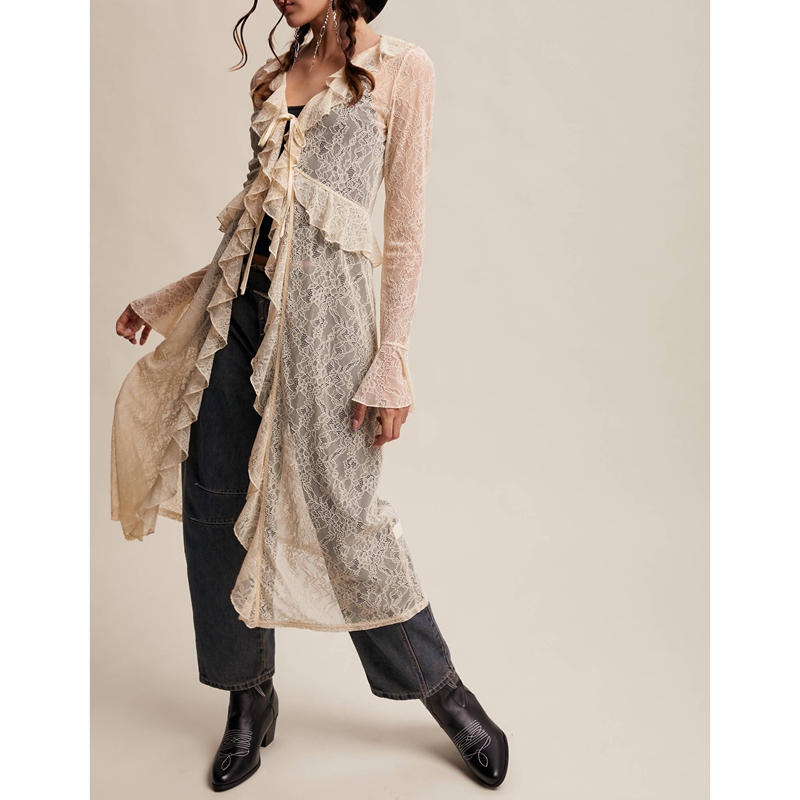レディース花柄レースメッシュタイフロントマキシトップ、フリル - Kimono Sheer Floral のレビューと価格