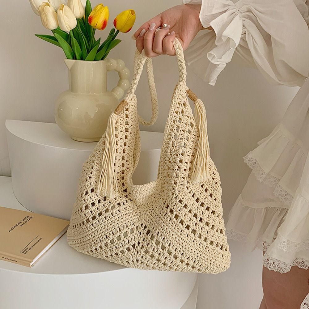 シンプルなボヘミアンニットショルダーバッグ綿糸中空かぎ針編み - Tote Bag Beach のレビューと価格