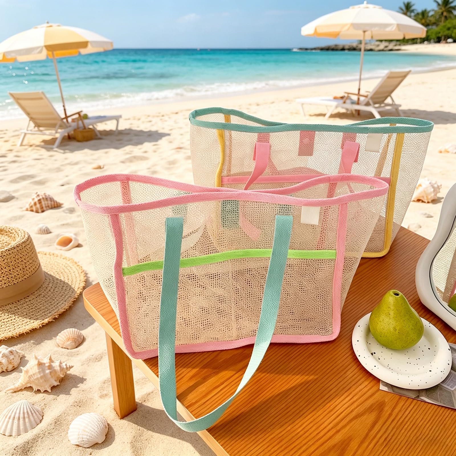 女性用ビーチバッグ カラフルな折りたたみ式ネットサンドトート - Tote Bag Beach のレビューと価格