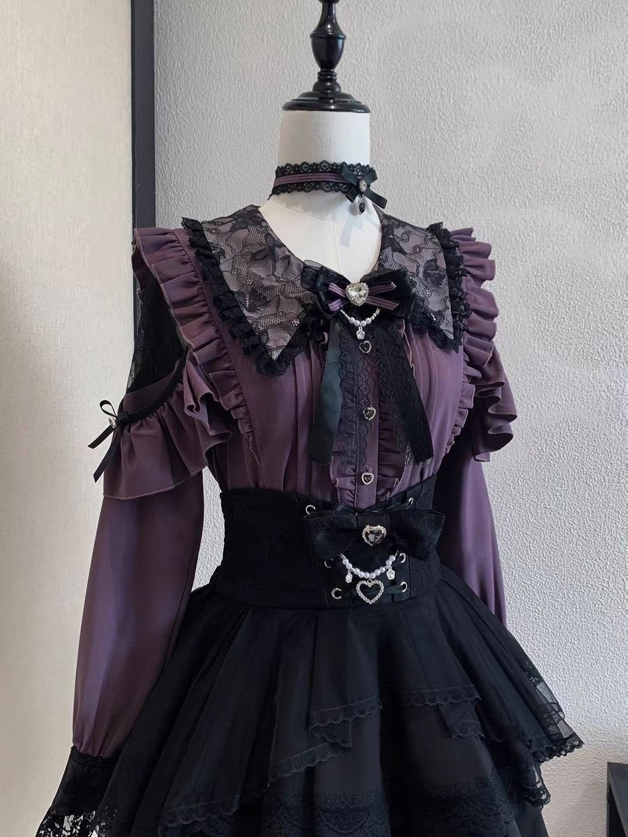 原宿系可愛いスカートセット レディース スウィートレース オ - Blouse Off Shoulder のレビューと価格