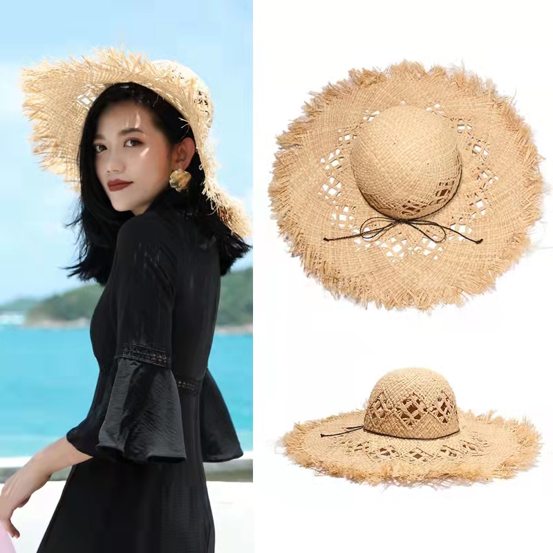 女性のための広いつばの天然ラフィア麦わら帽子,リボン,フロッ - Hat Floppy Wide のレビューと価格