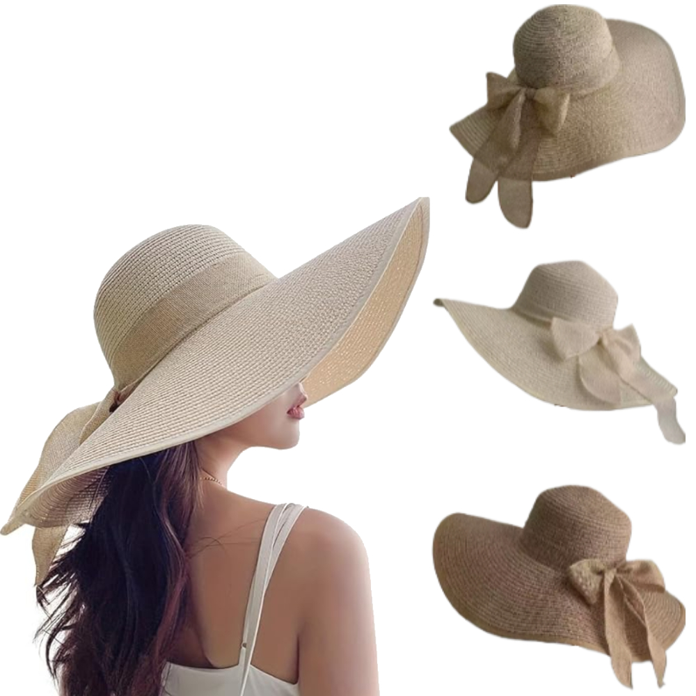 女性用夏用つば広麦わら帽子、大きなフロッピービーチキャップ、 - Hat Floppy Wide のレビューと価格