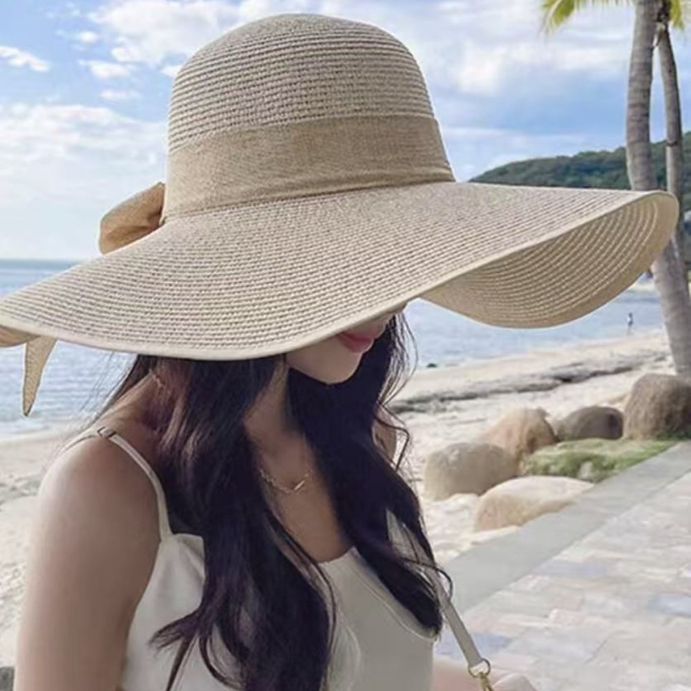 女性用夏用つば広麦わら帽子、大きなフロッピービーチキャップ、 - Hat Floppy Wide のレビューと価格
