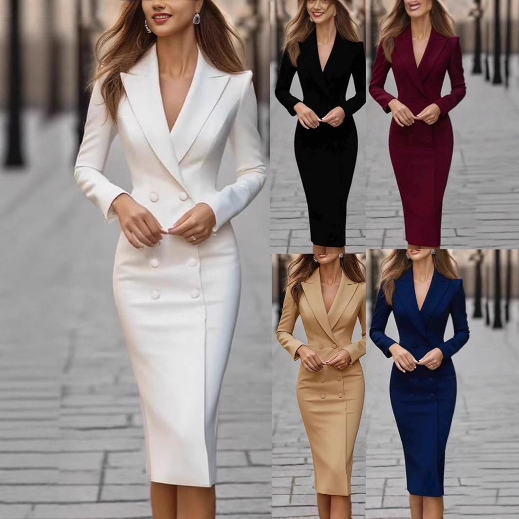 ピュアカラースリムダブルブレストパーティードレス エレガント - Linen Dress Wrap のレビューと価格
