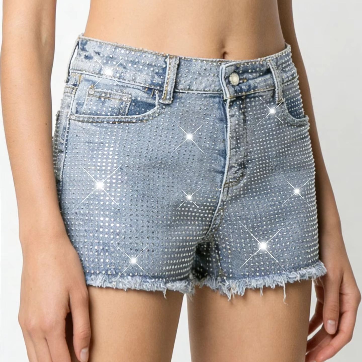 2026 新しいフルジュエル付き弾性ブルーほつれデニムショー - Shorts Denim Frayed のレビューと価格