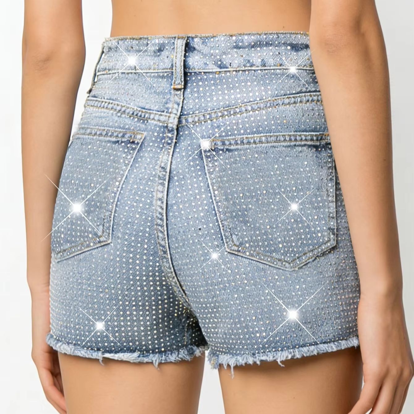 2026 新しいフルジュエル付き弾性ブルーほつれデニムショー - Shorts Denim Frayed のレビューと価格