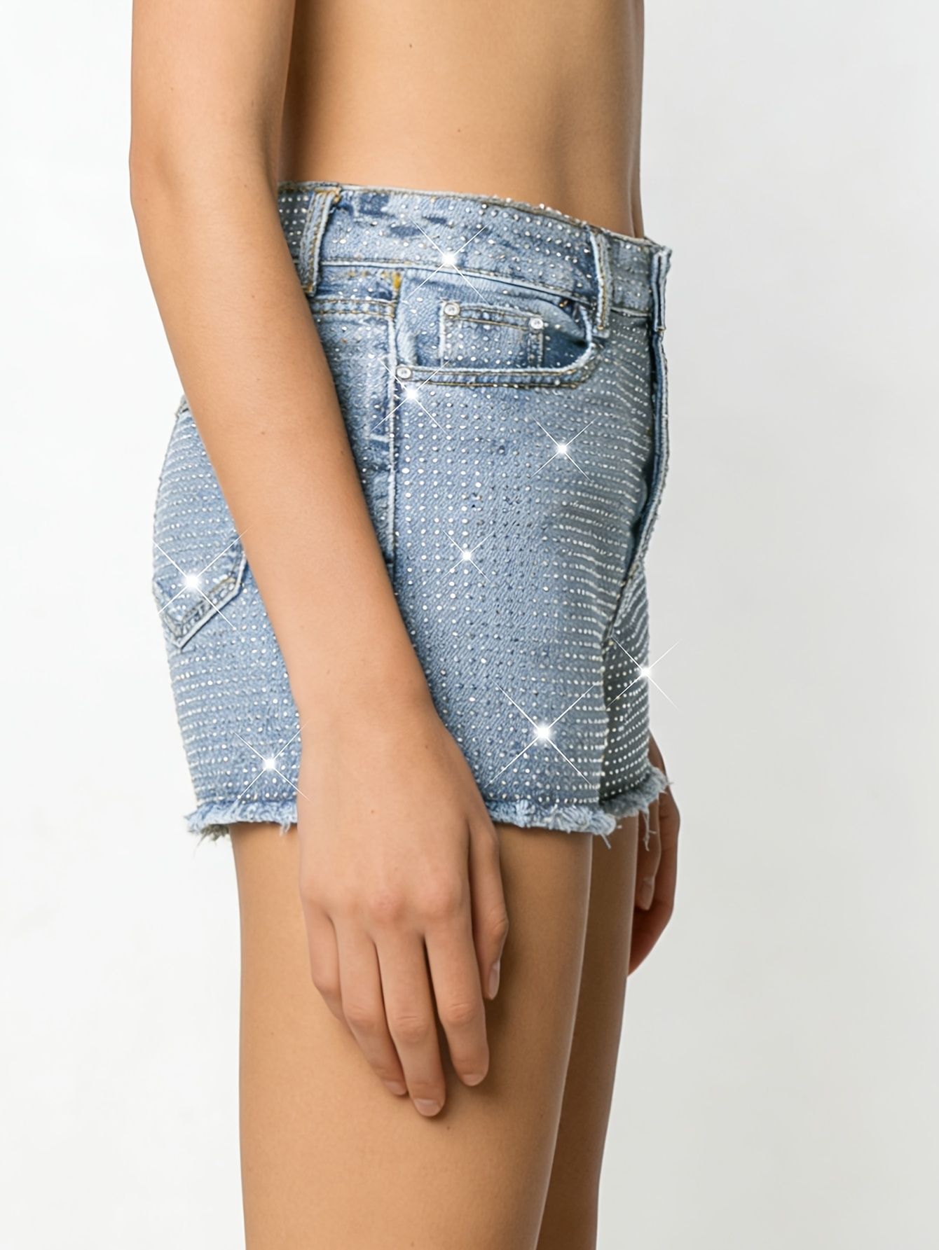 2026 新しいフルジュエル付き弾性ブルーほつれデニムショー - Shorts Denim Frayed のレビューと価格