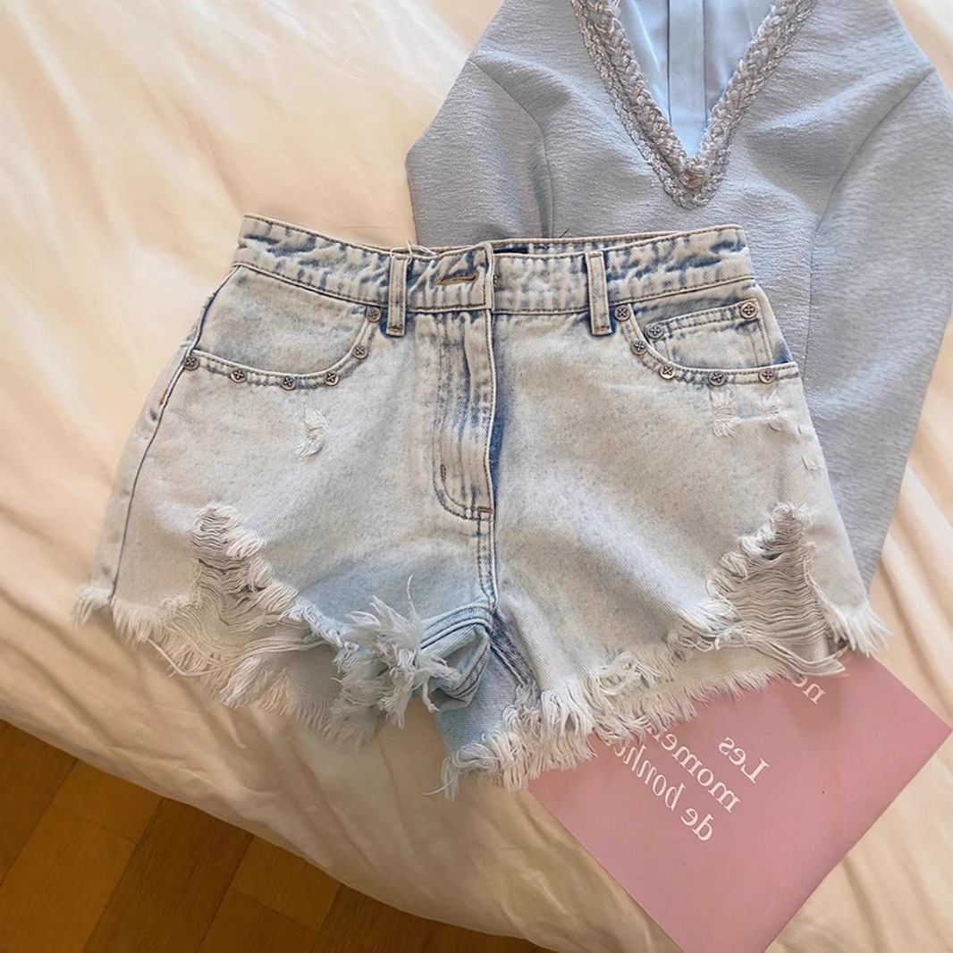 2026年夏 ヴィンテージ風 ウォッシュ加工 刺繍入り フレ - Shorts Denim Frayed のレビューと価格