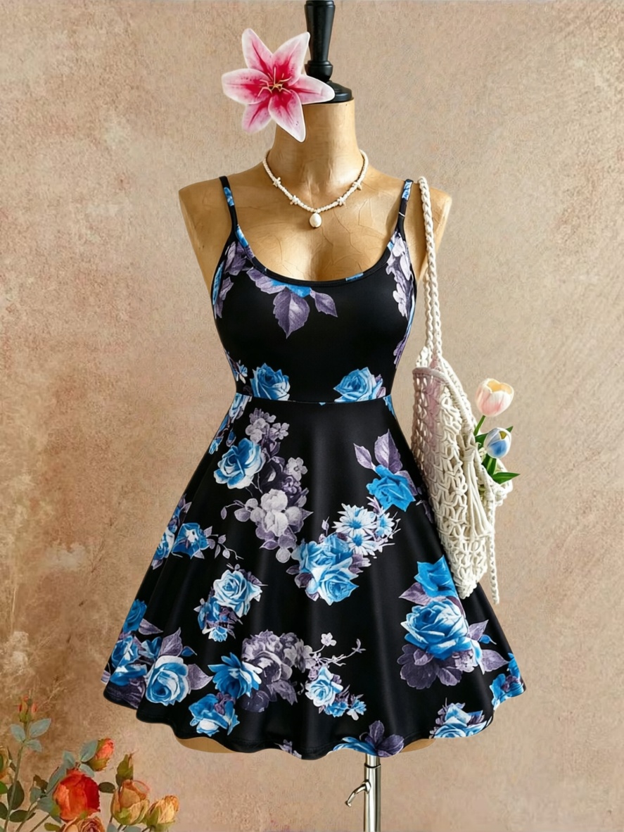 プラスサイズ女性用スパゲッティストラップUネックブルー花柄プ - Romper Floral Print のレビューと価格