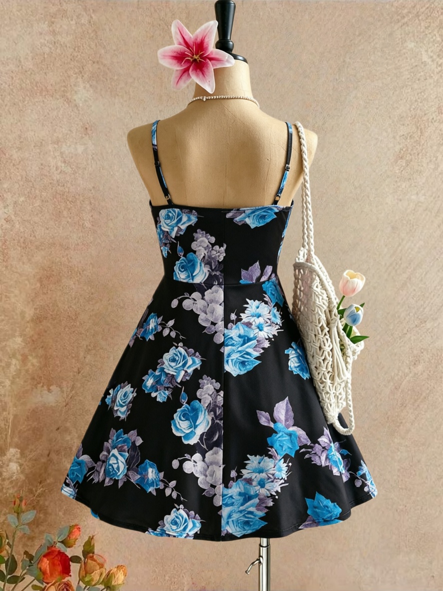 プラスサイズ女性用スパゲッティストラップUネックブルー花柄プ - Romper Floral Print のレビューと価格
