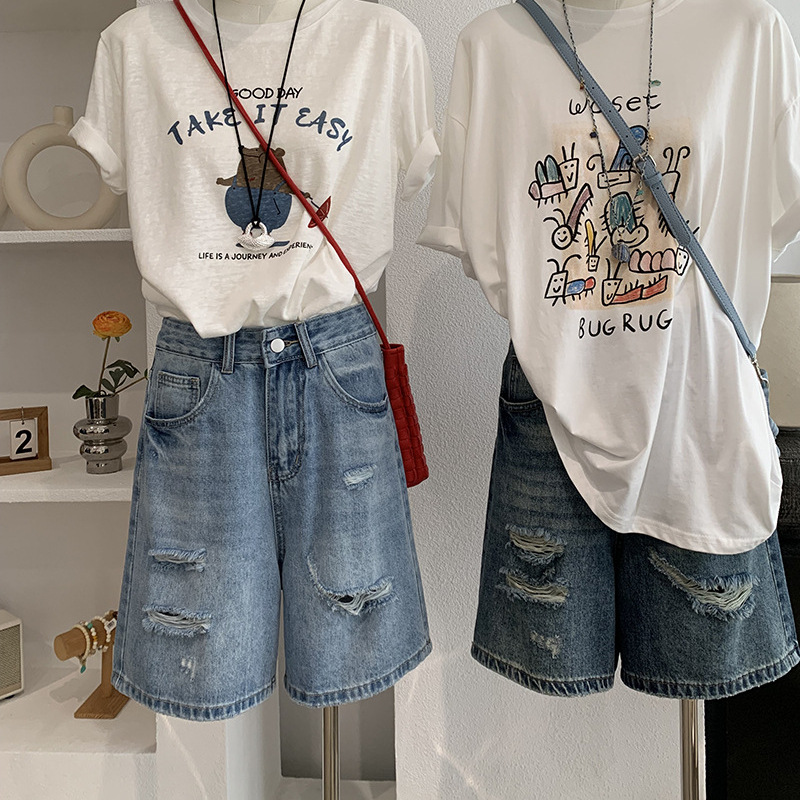 デニムショートパンツ女性ジーンズヴィンテージストレートパンツ - Shorts Denim Frayed のレビューと価格