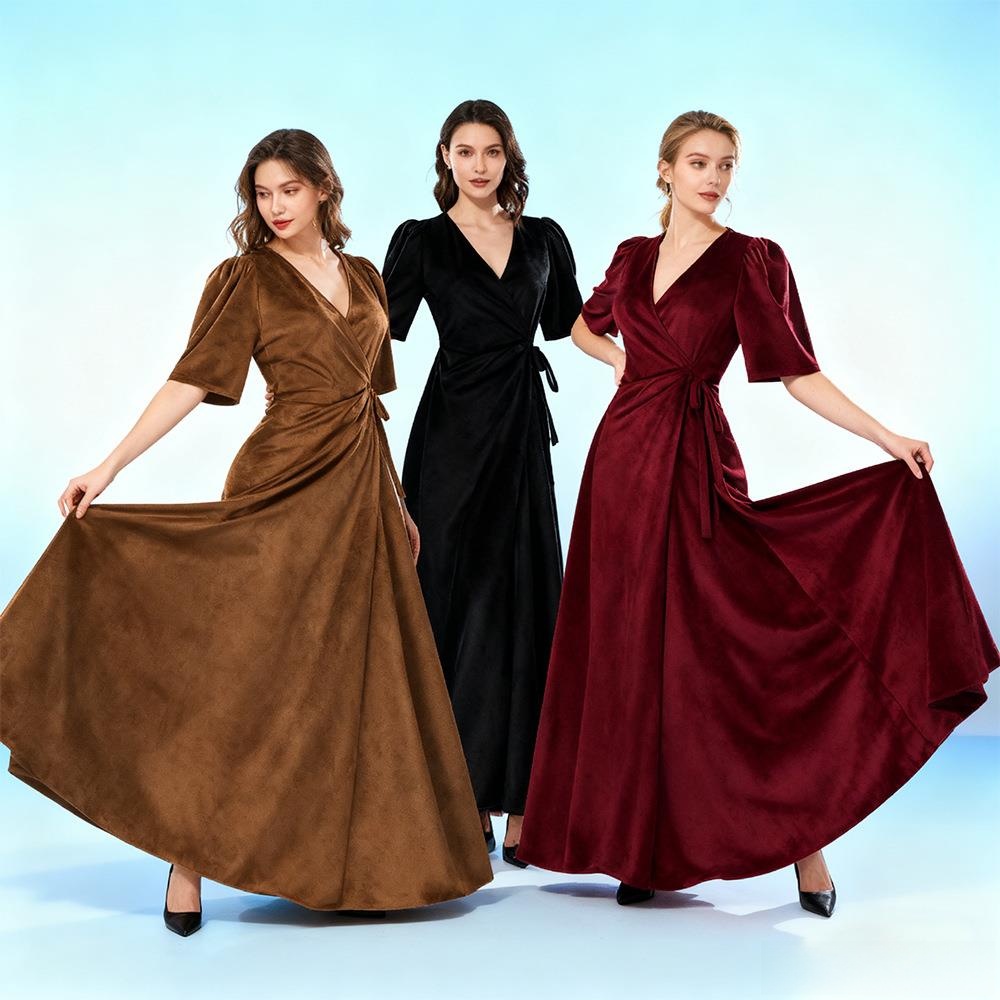 レディースロングVネックラップスリムピュアカラーベルベットド - Linen Dress Wrap のレビューと価格
