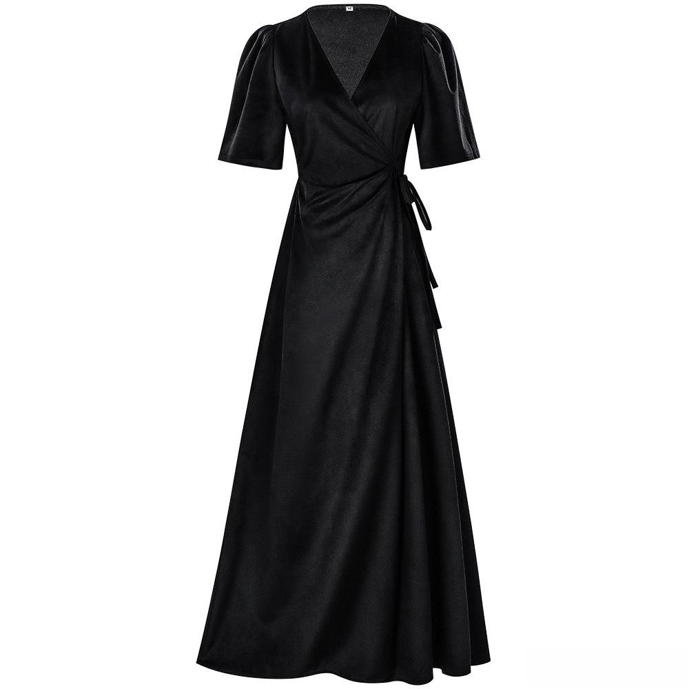 レディースロングVネックラップスリムピュアカラーベルベットド - Linen Dress Wrap のレビューと価格