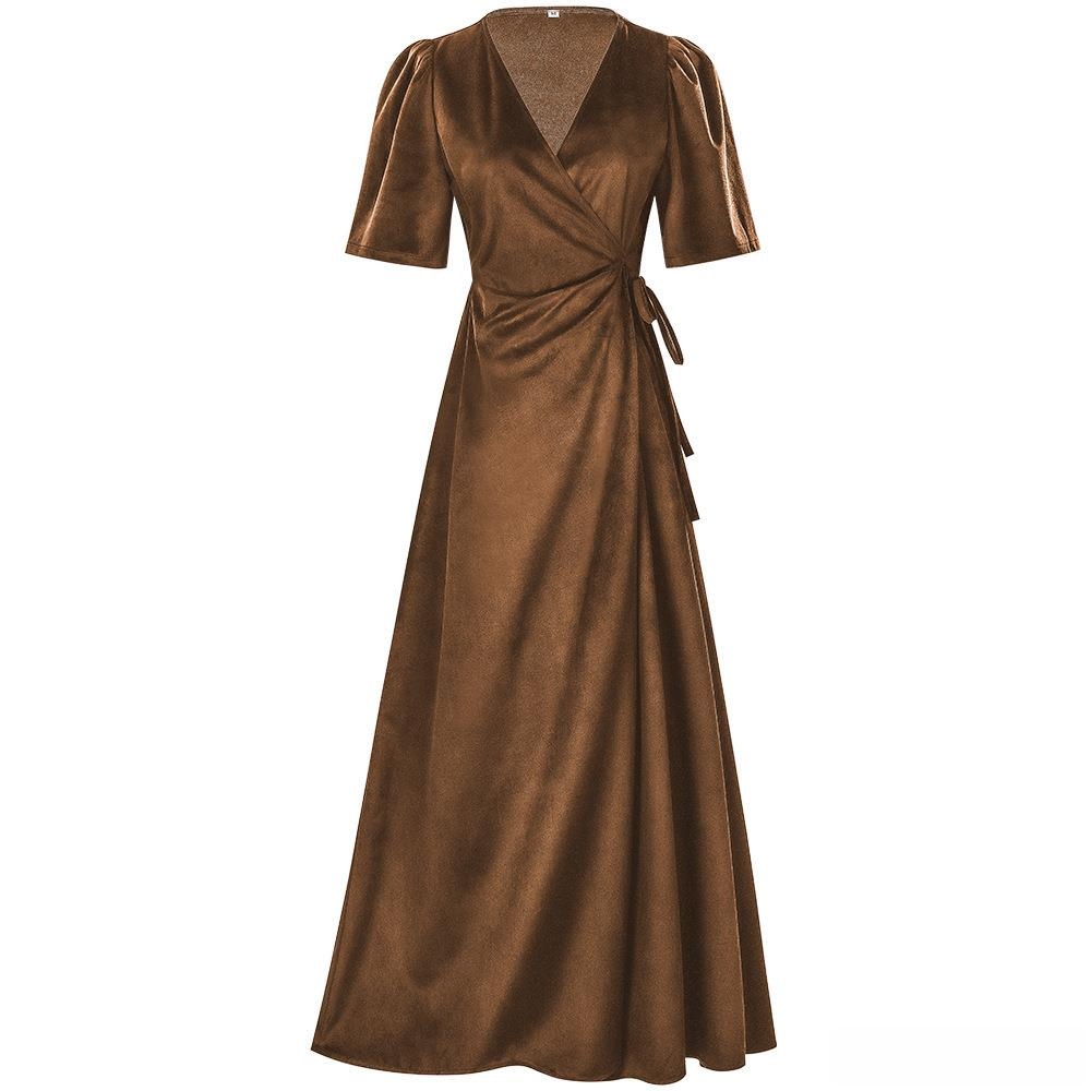 レディースロングVネックラップスリムピュアカラーベルベットド - Linen Dress Wrap のレビューと価格