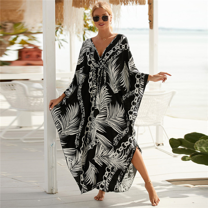 女性の動物プリントVネックビーチドレス、バットウィングカフタ - Cover Up Kaftan のレビューと価格