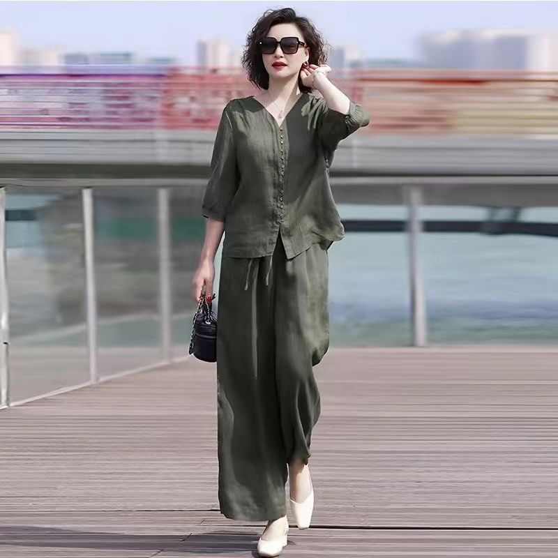 女性用コットンとリネンのツーピースセット,ゆったりとした快適 - Linen Pant Wide のレビューと価格