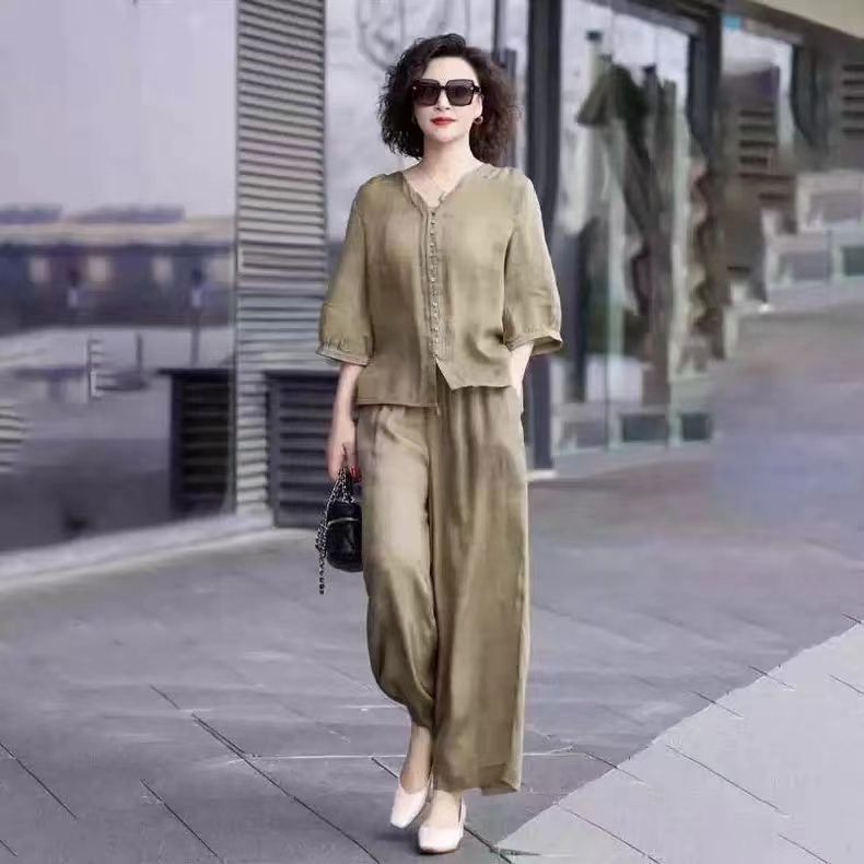 女性用コットンとリネンのツーピースセット,ゆったりとした快適 - Linen Pant Wide のレビューと価格