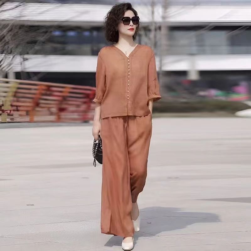 女性用コットンとリネンのツーピースセット,ゆったりとした快適 - Linen Pant Wide のレビューと価格