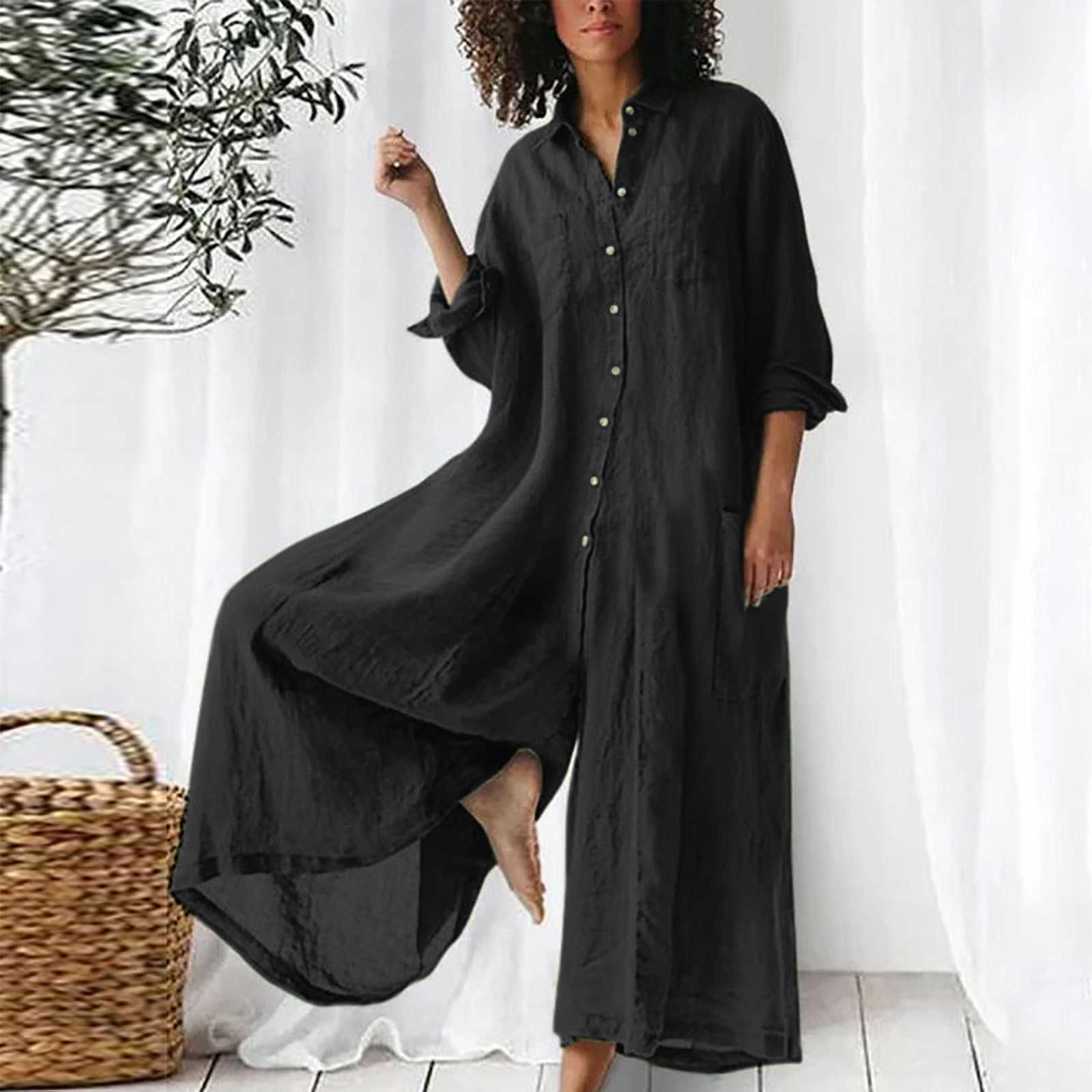 レディースジャンプスーツ 日常着 長袖ジャンプスーツ ミッド - Jumpsuit Linen Relaxed のレビューと価格