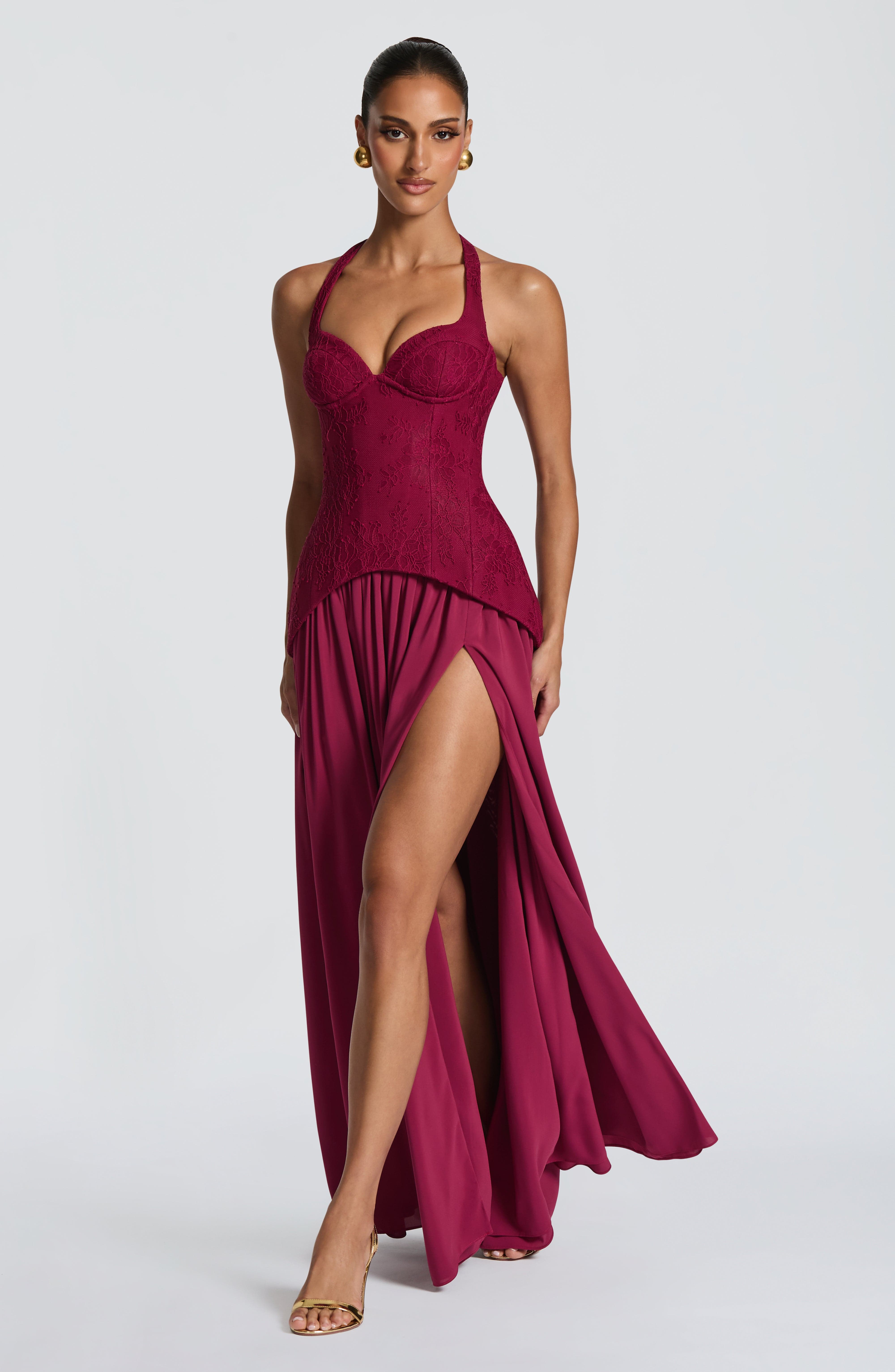 バックレスレースコルセットマキシドレス、ハイ スリット、流れ - Maxi Dress Halter のレビューと価格