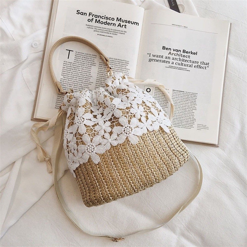 ヴィンテージレースストローショルダーバッグボヘミアンフラワー - Tote Bag Beach のレビューと価格