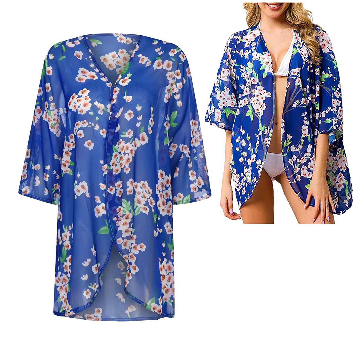 女性のルーズシアーシフォン着物カーディガンビーチ水泳カジュア - Kimono Sheer Floral のレビューと価格