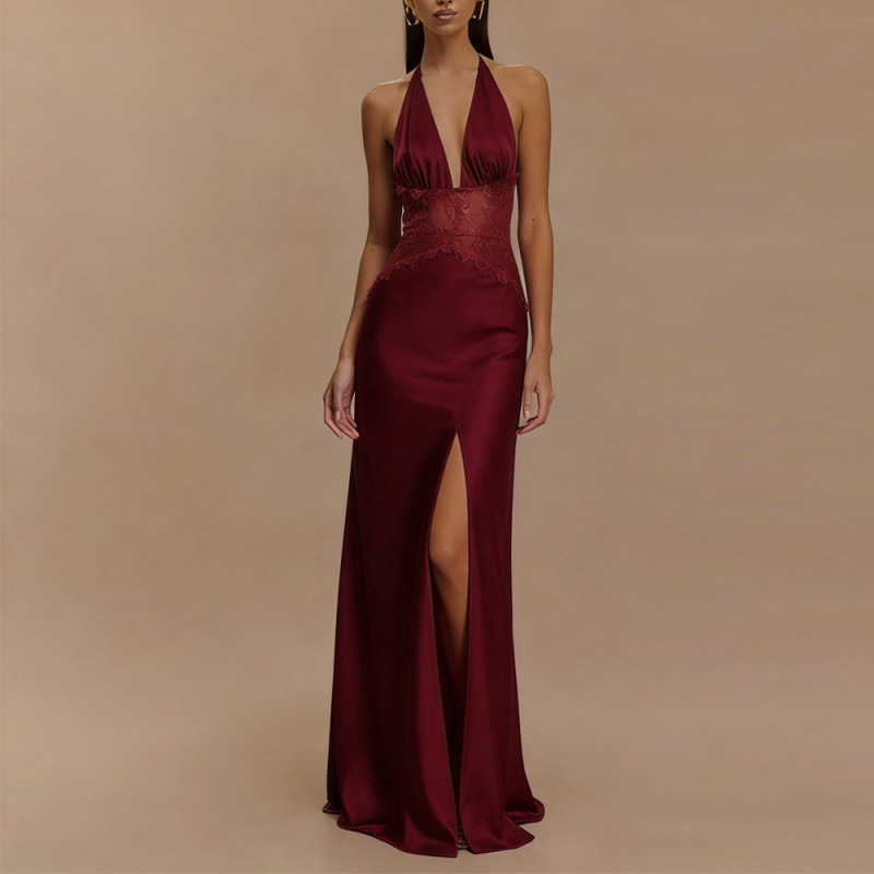 セクシーなバックレスホルターマキシドレスピンクサテンレースハ - Maxi Dress Halter のレビューと価格