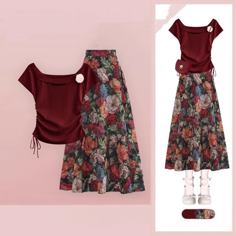 レディース ラッキーワインレッド Tシャツ 花柄スカート ツ - Midi Skirt Floral のレビューと価格