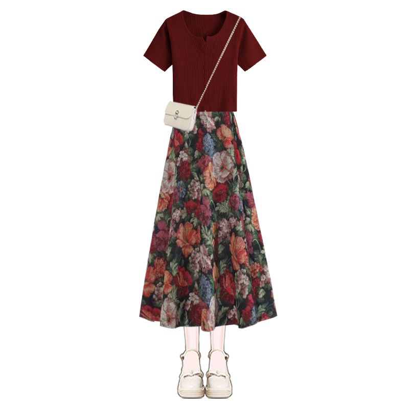 レディース ラッキーワインレッド Tシャツ 花柄スカート ツ - Midi Skirt Floral のレビューと価格