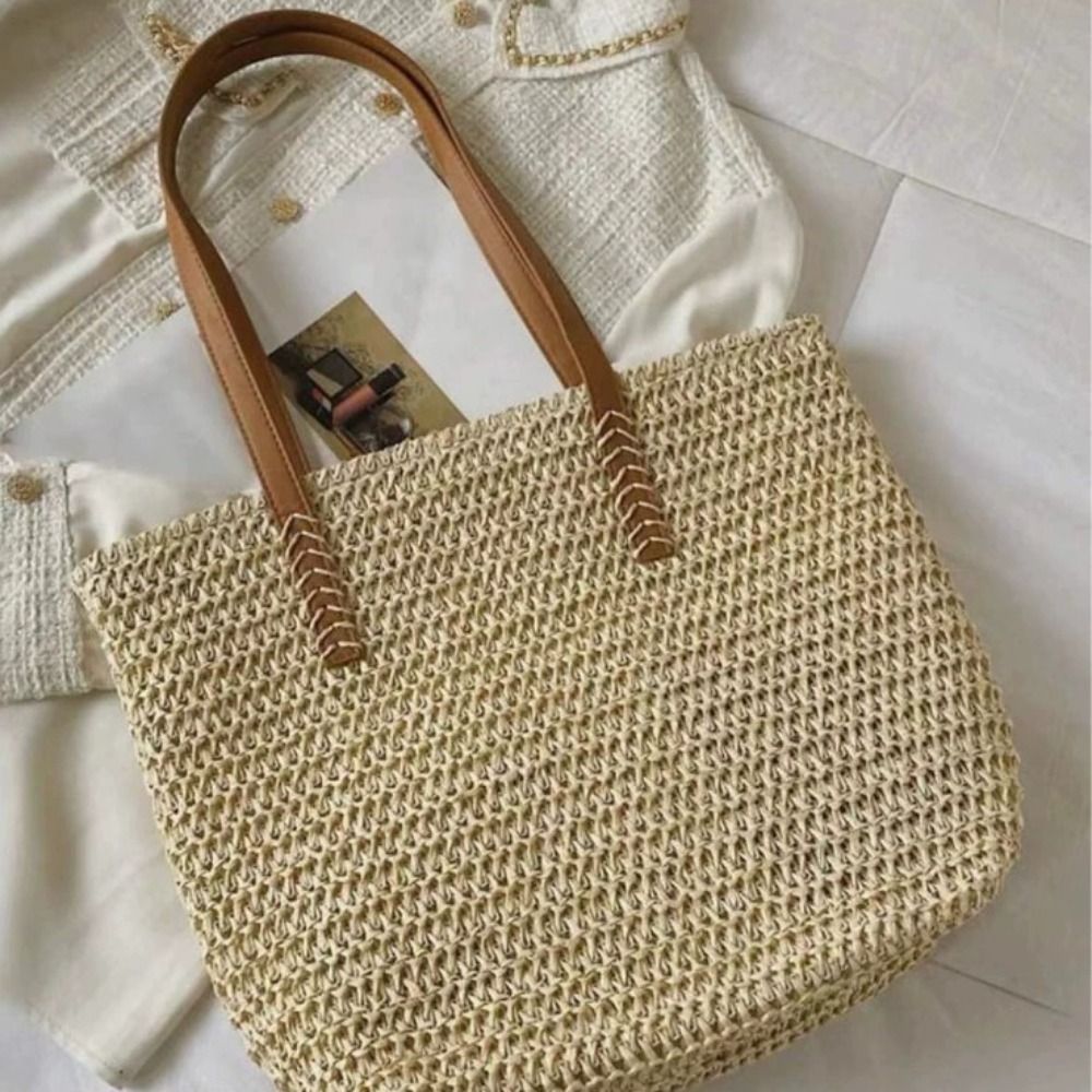 かわいい無地織りストロートートバッグスクエア織りビーチハンド - Tote Bag Beach のレビューと価格