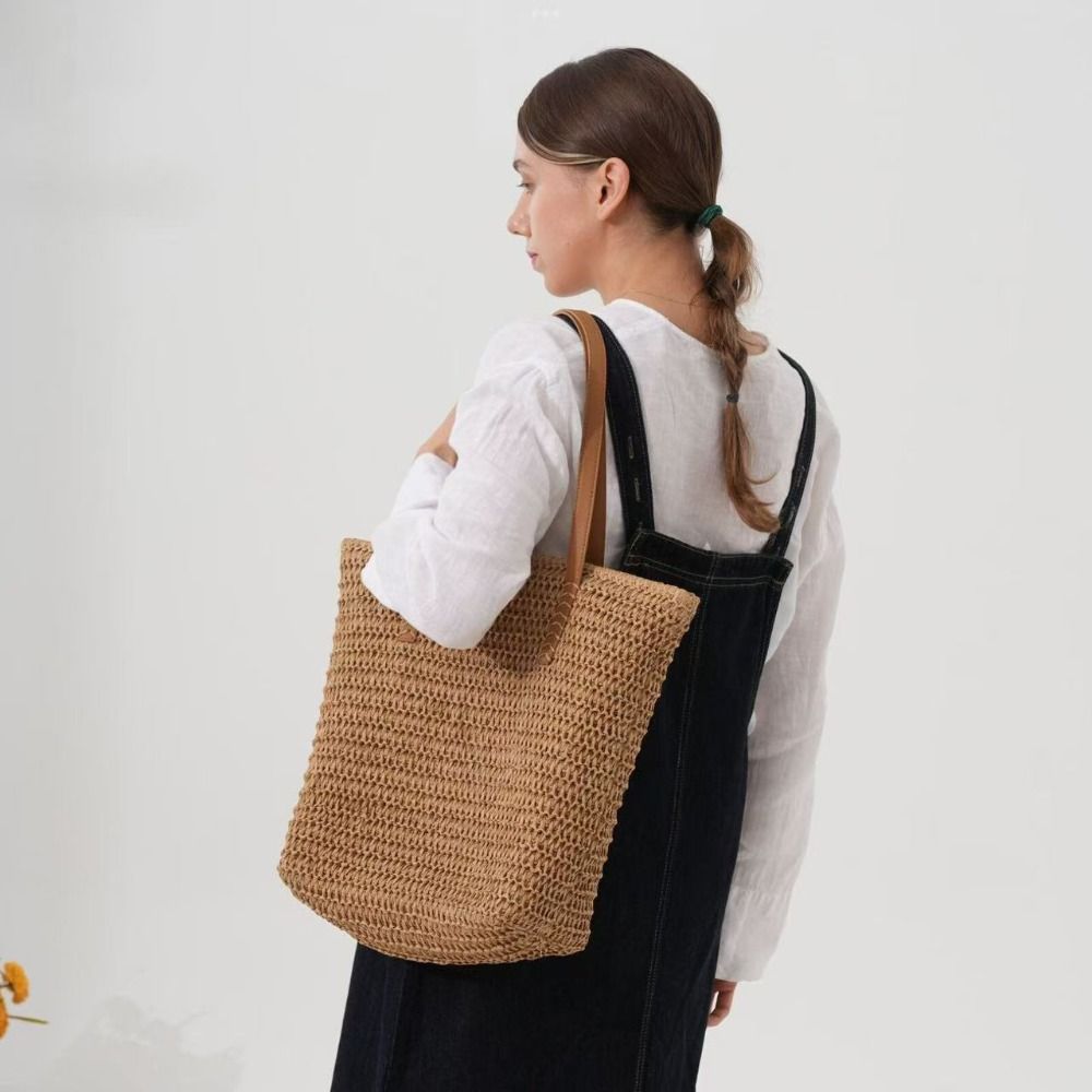 かわいい無地織りストロートートバッグスクエア織りビーチハンド - Tote Bag Beach のレビューと価格