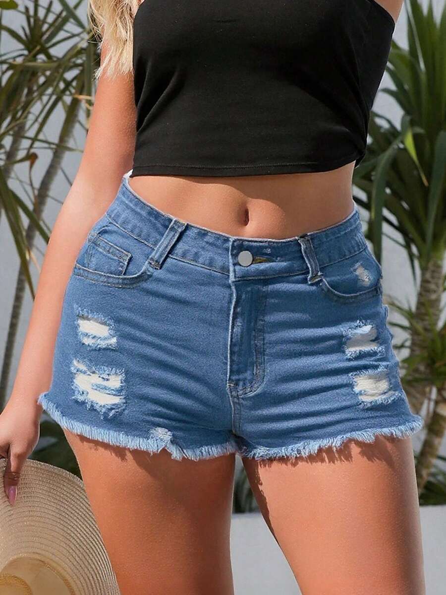 女性用デニムショートパンツ ポケット付き フレイドヘム スキ - Shorts Denim Frayed のレビューと価格