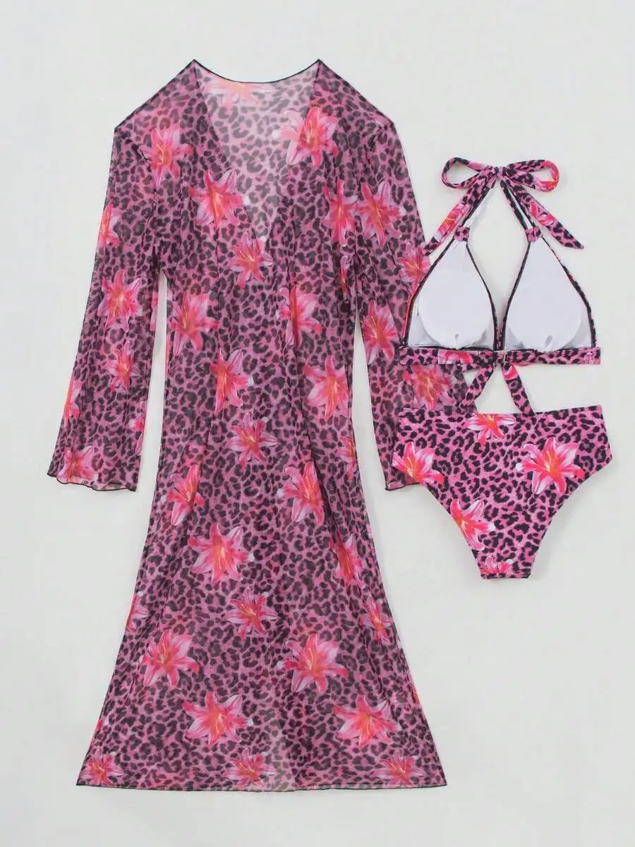 レディース3ピースレオパード柄花柄ビキニセット、長袖シースル - Kimono Sheer Floral のレビューと価格