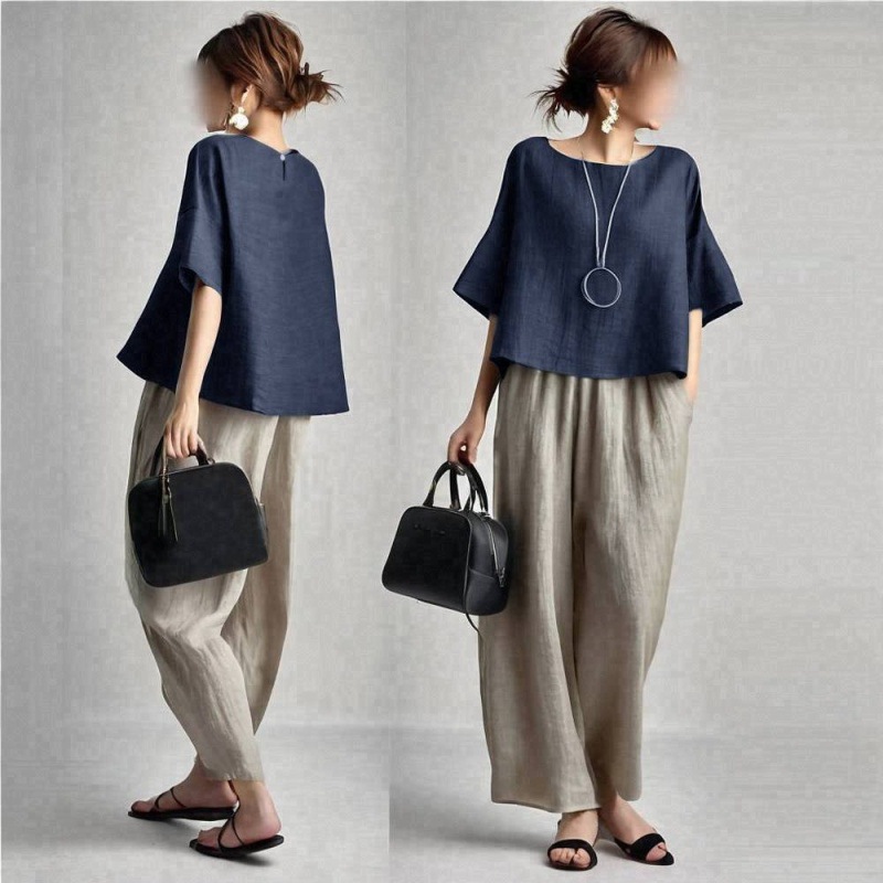 ツーピース レディース パンツセット 無地 マッチングセット - Linen Pant Wide のレビューと価格