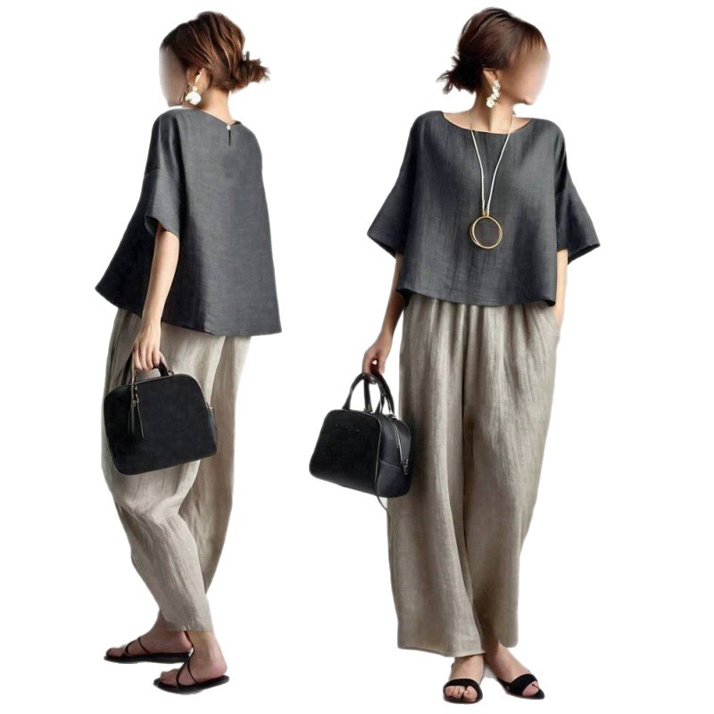 ツーピース レディース パンツセット 無地 マッチングセット - Linen Pant Wide のレビューと価格