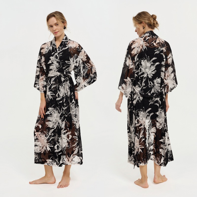 女性黒白インク花柄シアーシフォン着物襟ロングラップバスローブ - Kimono Sheer Floral のレビューと価格