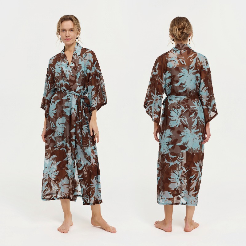 女性黒白インク花柄シアーシフォン着物襟ロングラップバスローブ - Kimono Sheer Floral のレビューと価格