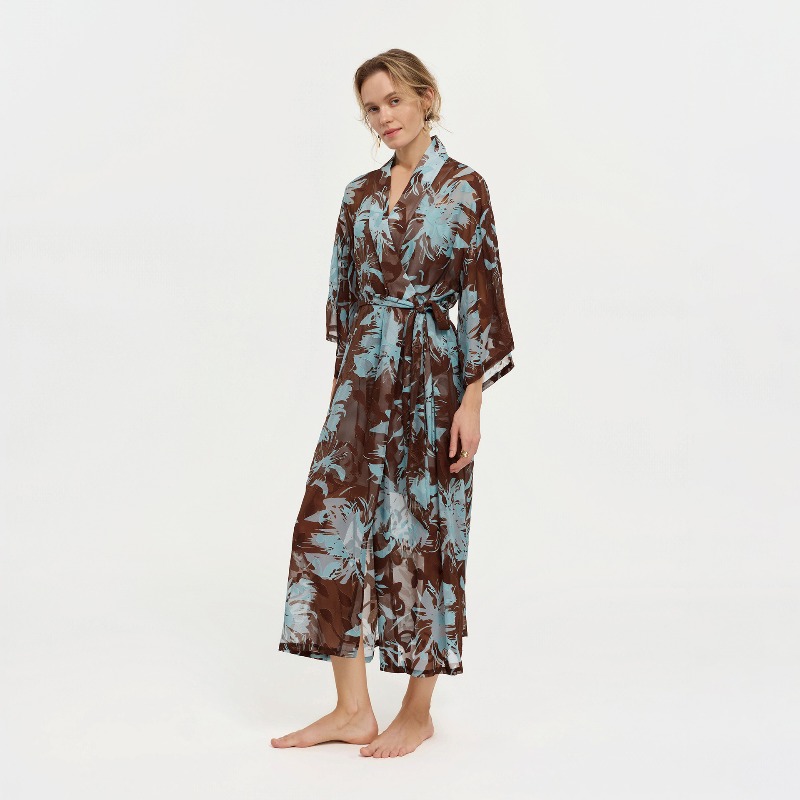 女性黒白インク花柄シアーシフォン着物襟ロングラップバスローブ - Kimono Sheer Floral のレビューと価格