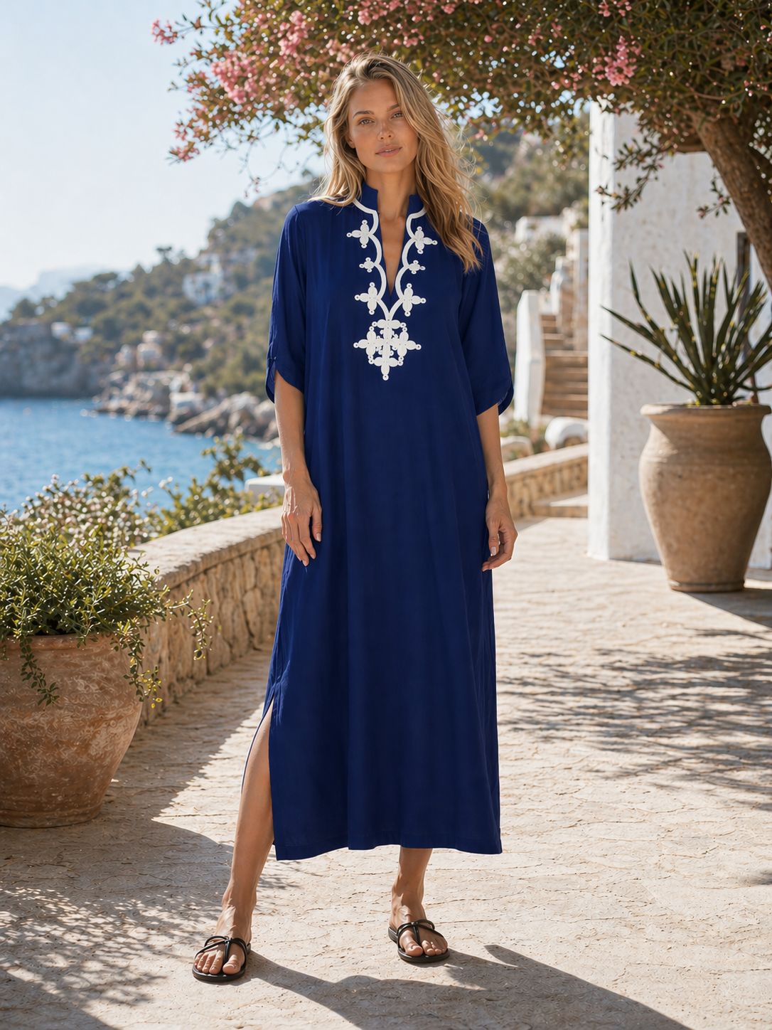 女性用カフタンドレス 刺繍入り半袖ビーチカバーアップ Vネッ - Cover Up Kaftan のレビューと価格