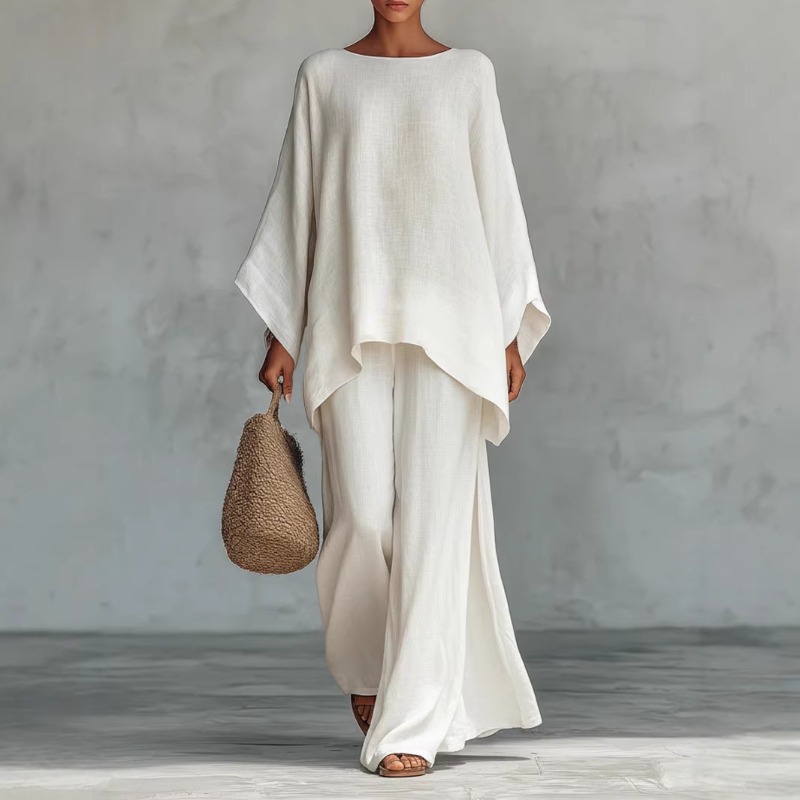 春の新作ファッションリネンルーズ長袖ワイドレッグパンツ2点セ - Linen Pant Wide のレビューと価格