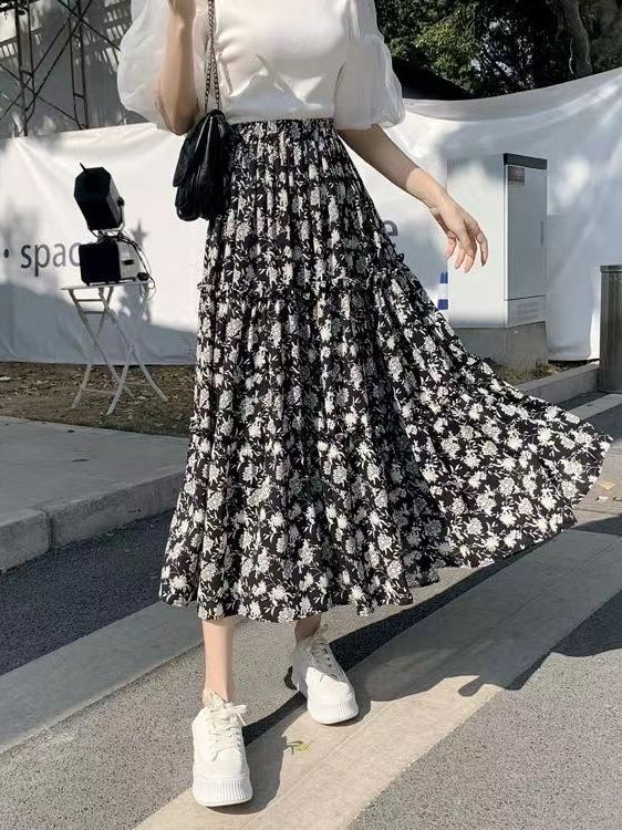 花柄プリントAラインミディスカートプラスサイズ伸縮性ウエスト - Midi Skirt Floral のレビューと価格