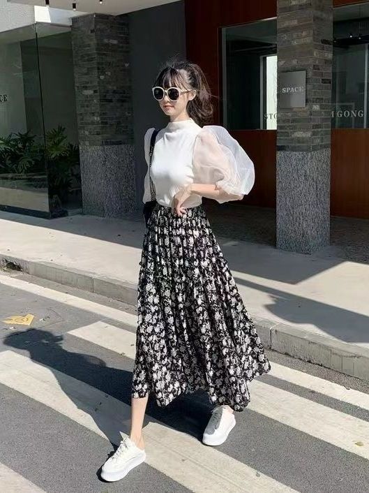 花柄プリントAラインミディスカートプラスサイズ伸縮性ウエスト - Midi Skirt Floral のレビューと価格