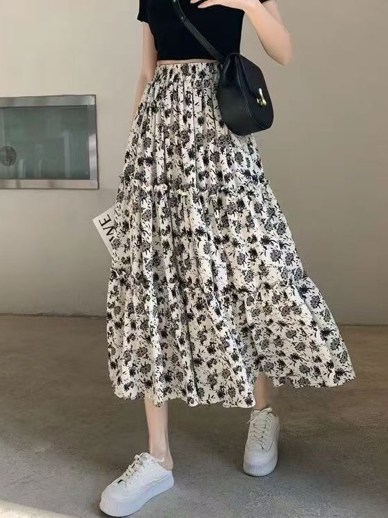 花柄プリントAラインミディスカートプラスサイズ伸縮性ウエスト - Midi Skirt Floral のレビューと価格